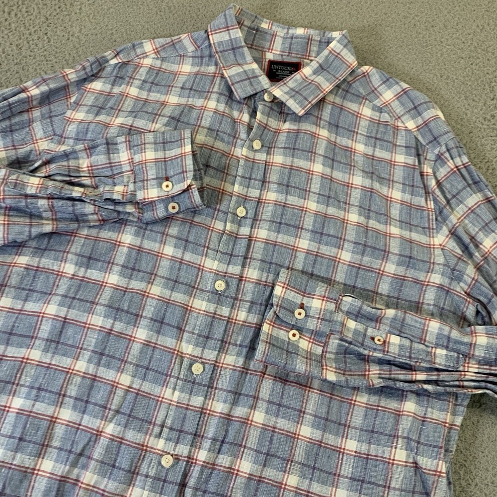 UNTUCKit Berardo WR Shirt Mens XL Button Up 100% Linen Blue Plaid Summer Casual‎